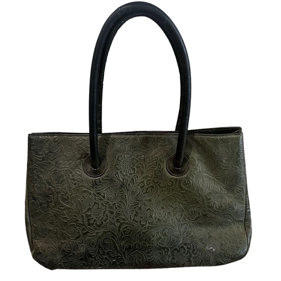 Elegant Green Embossed Leather Tote Bag Biacci Shoulder Bag GUC - Picture 1 of 14